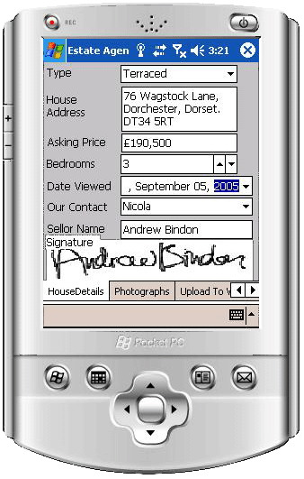Demonstration of how bespoke PDA application can be used to benefit 
                mobile works in particular estate agents. 
            This is the kind of software solution which can be provided by Stockport 
                and Dorset Software consultants.